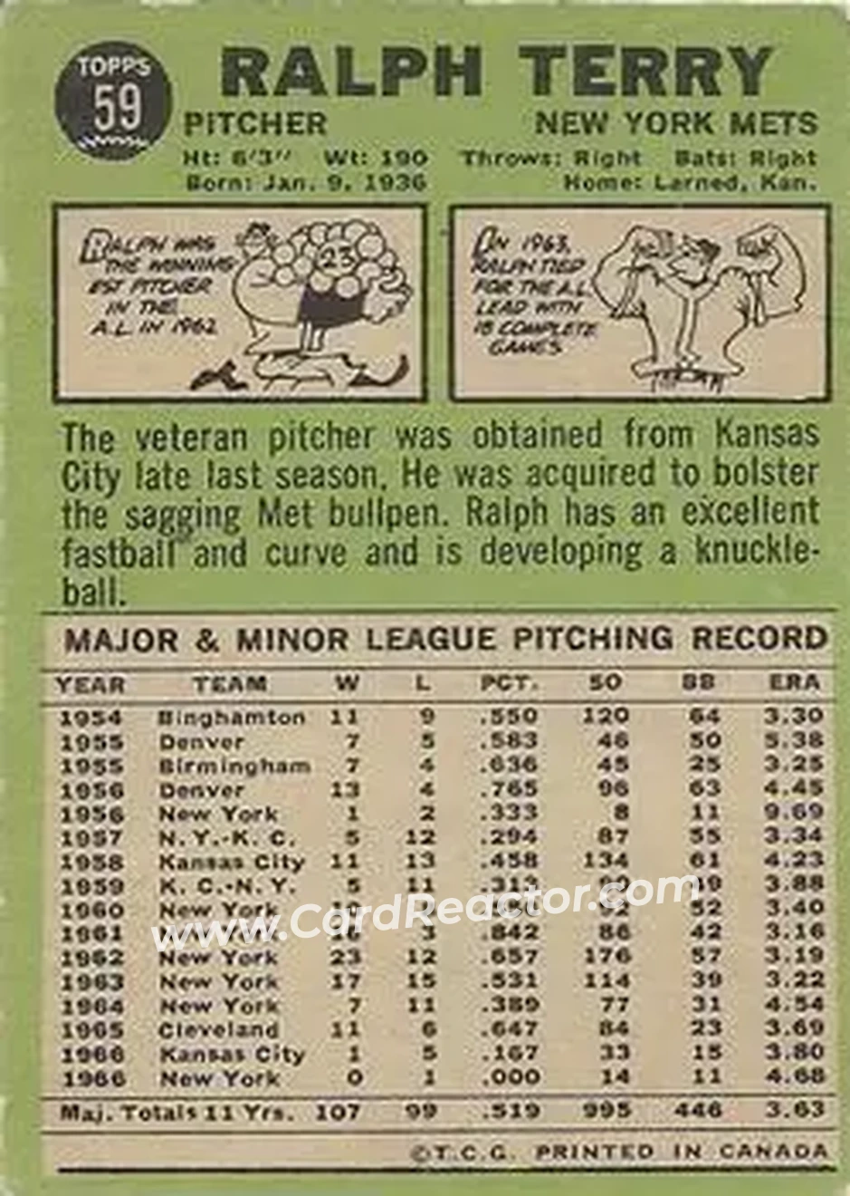 1967 O-Pee-Chee #59 - Ralph Terry - New York Mets - Back