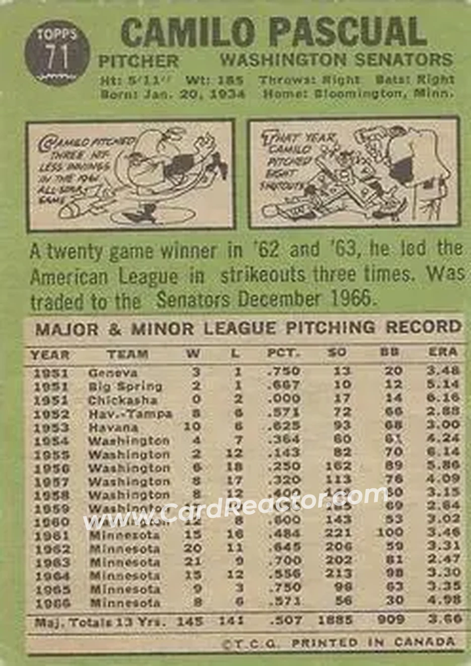 1967 O-Pee-Chee #71 - Camilo Pascual - Washington Senators - Back