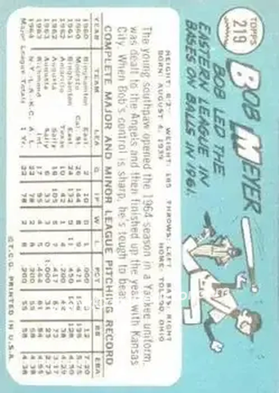 1965 Topps #219 - Bob Meyer - Kansas City Athletics - Back