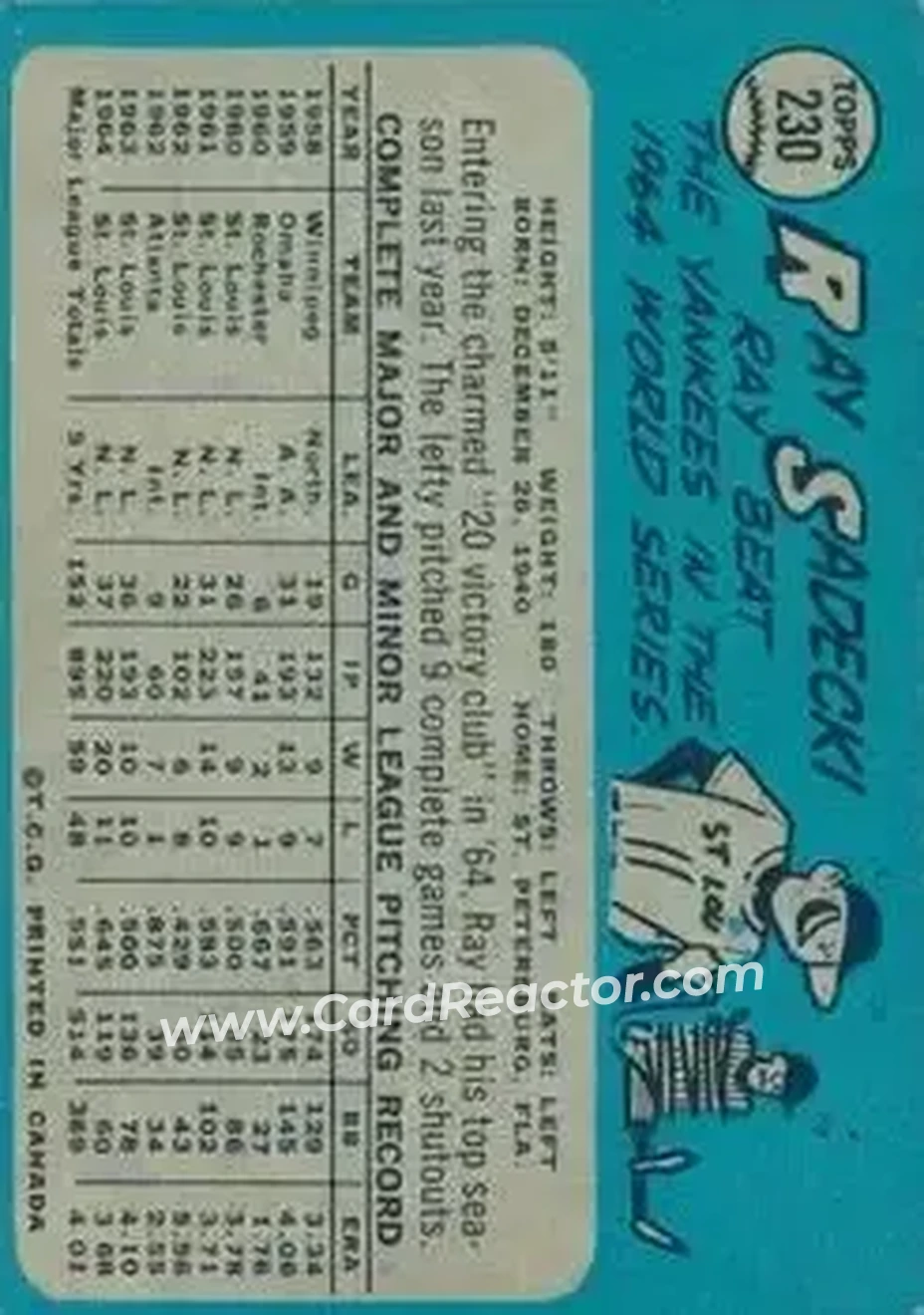 1965 O-Pee-Chee #230 - Ray Sadecki - St. Louis Cardinals - Back