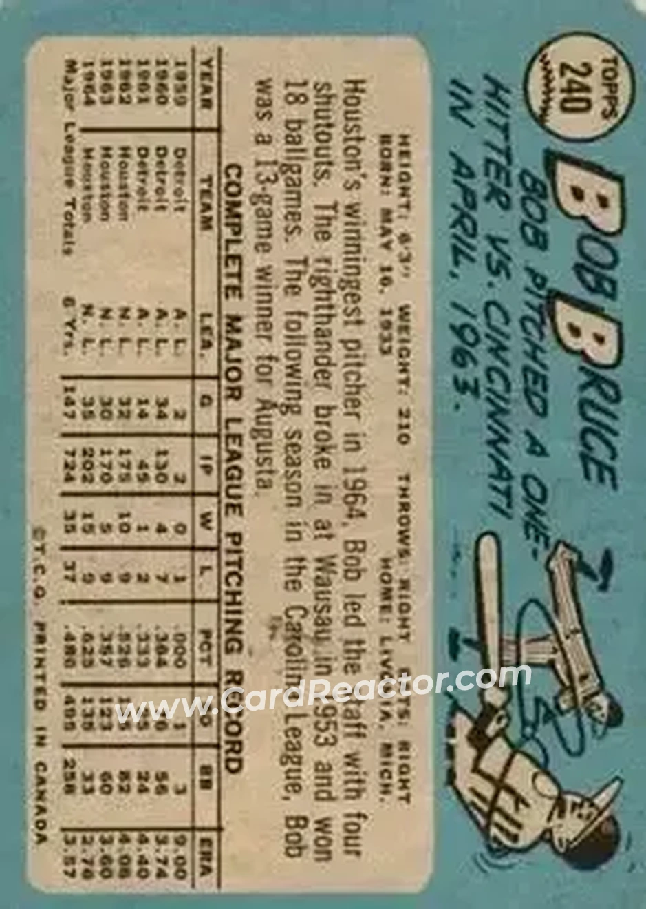 1965 O-Pee-Chee #240 - Bob Bruce - Houston Astros - Back