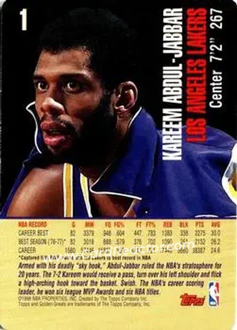 1998 Topps Golden Greats #1 - Kareem Abdul-Jabbar - Los Angeles Lakers - Back 1998 Topps Golden Greats #1 - Kareem Abdul-Jabbar - Los Angeles Lakers - Back