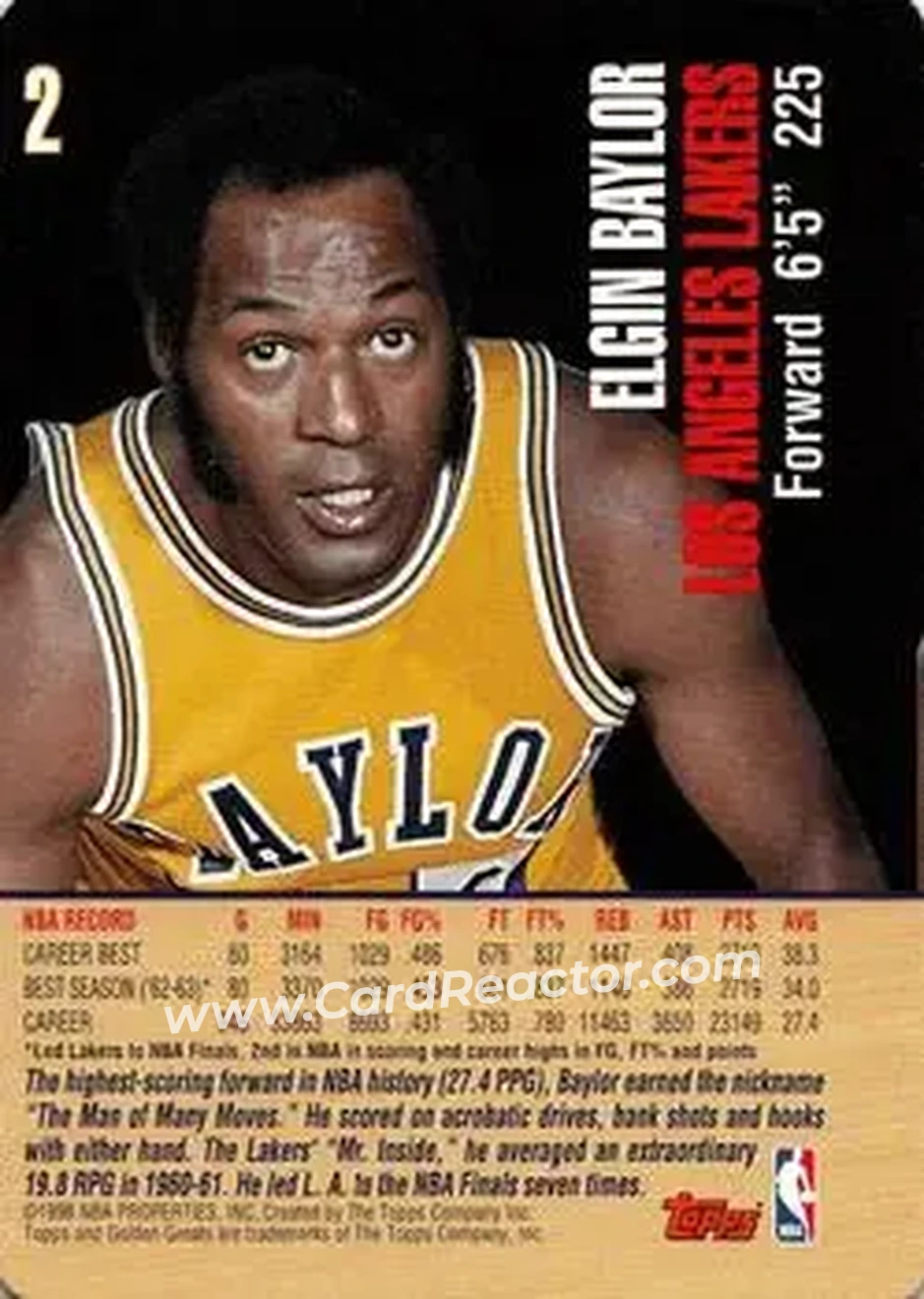 1998 Topps Golden Greats #2 - Elgin Baylor - Los Angeles Lakers - Back 1998 Topps Golden Greats #2 - Elgin Baylor - Los Angeles Lakers - Back