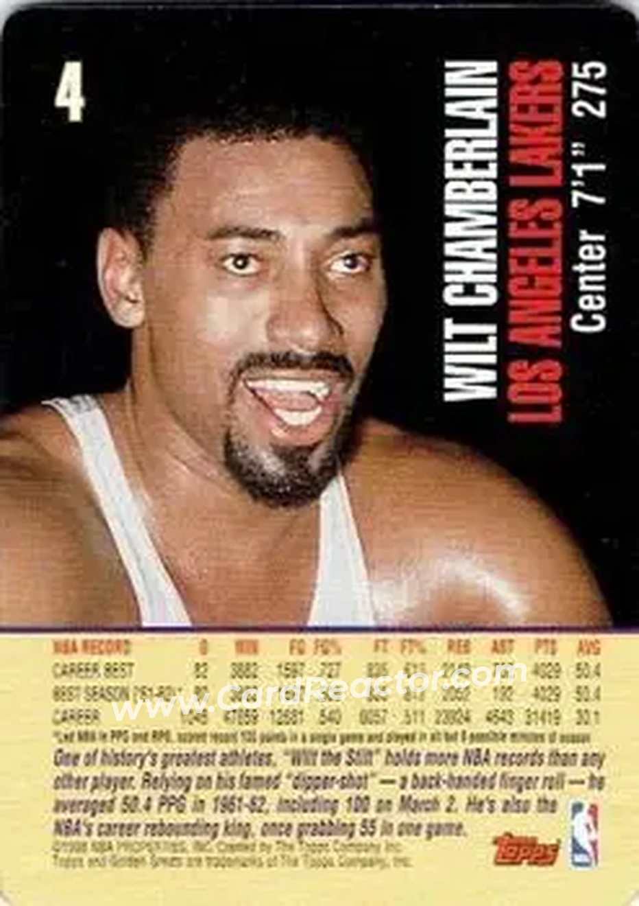 1998 Topps Golden Greats #4 - Wilt Chamberlain - Los Angeles Lakers - Back
