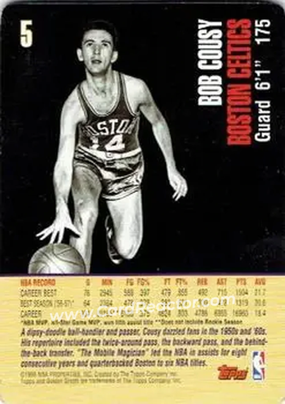 1998 Topps Golden Greats #5 - Bob Cousy - Boston Celtics - Back