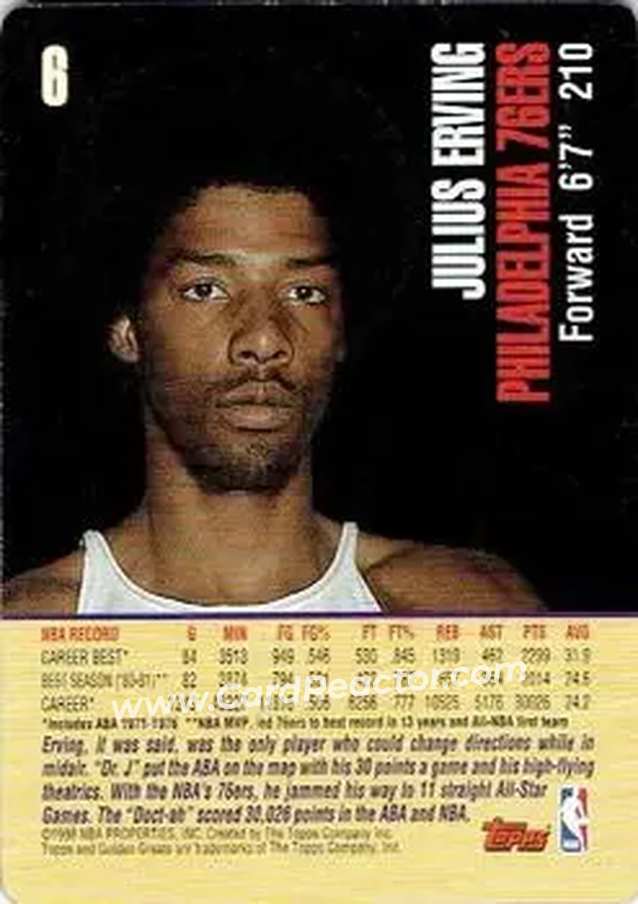 1998 Topps Golden Greats #6 - Julius Erving - Philadelphia 76ers - Back 1998 Topps Golden Greats #6 - Julius Erving - Philadelphia 76ers - Back