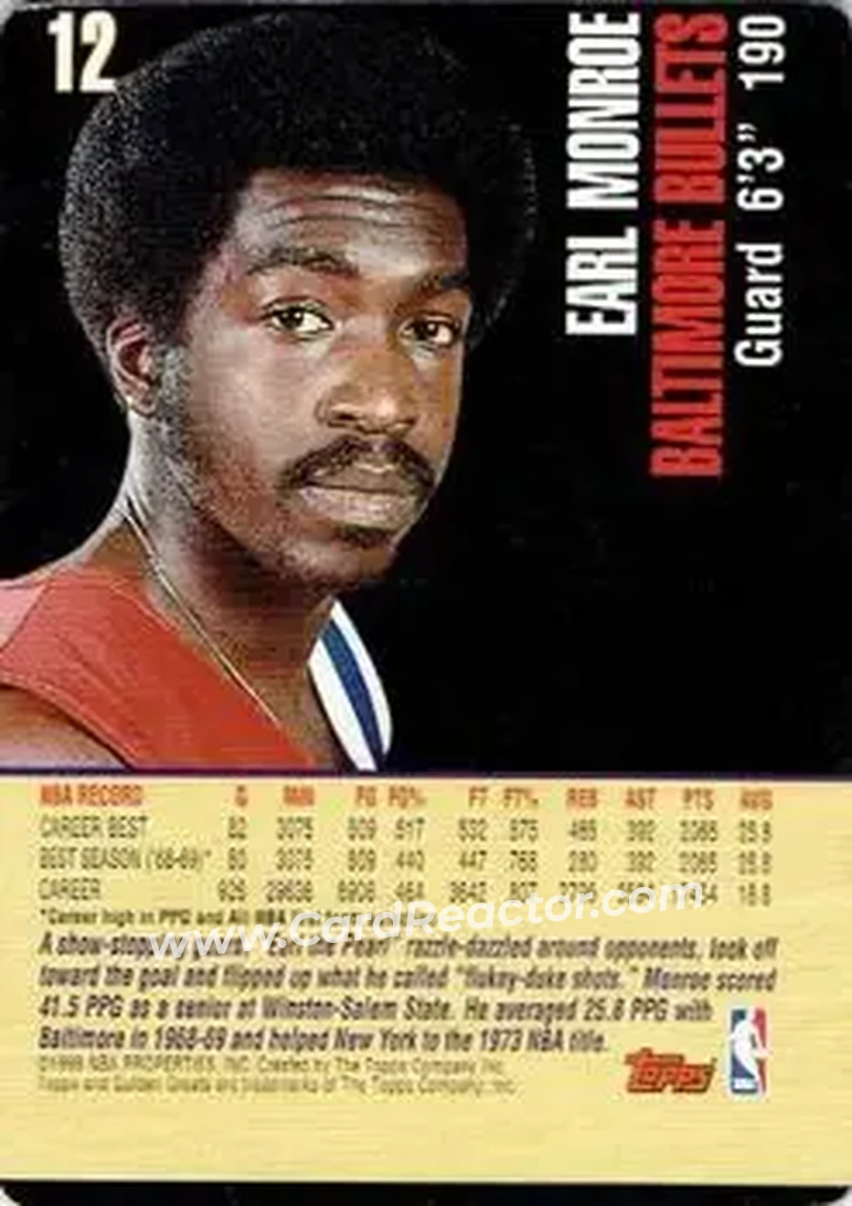 1998 Topps Golden Greats #12 - Earl Monroe - Baltimore Bullets - Back 1998 Topps Golden Greats #12 - Earl Monroe - Baltimore Bullets - Back