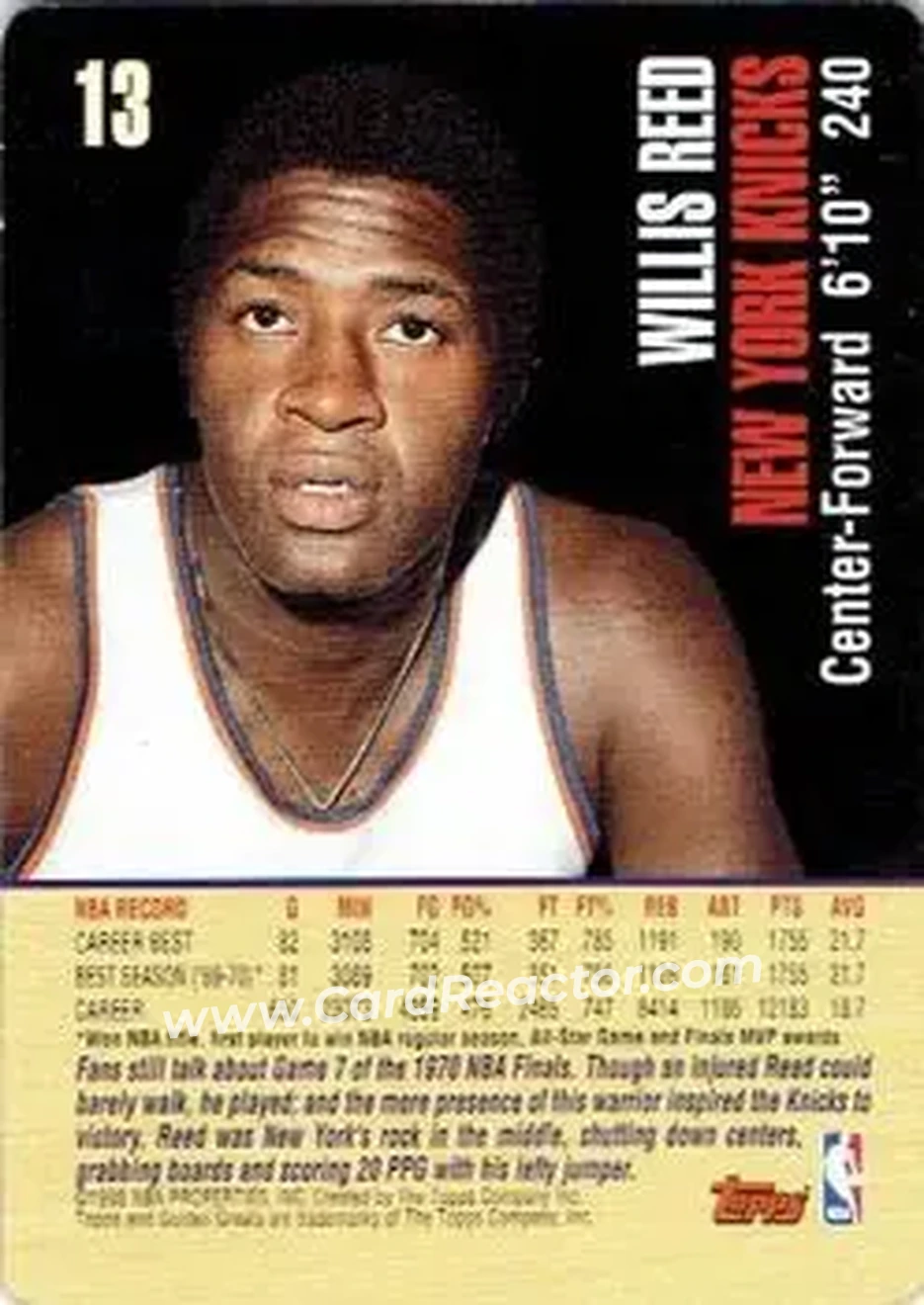 1998 Topps Golden Greats #13 - Willis Reed - New York Knicks - Back 1998 Topps Golden Greats #13 - Willis Reed - New York Knicks - Back