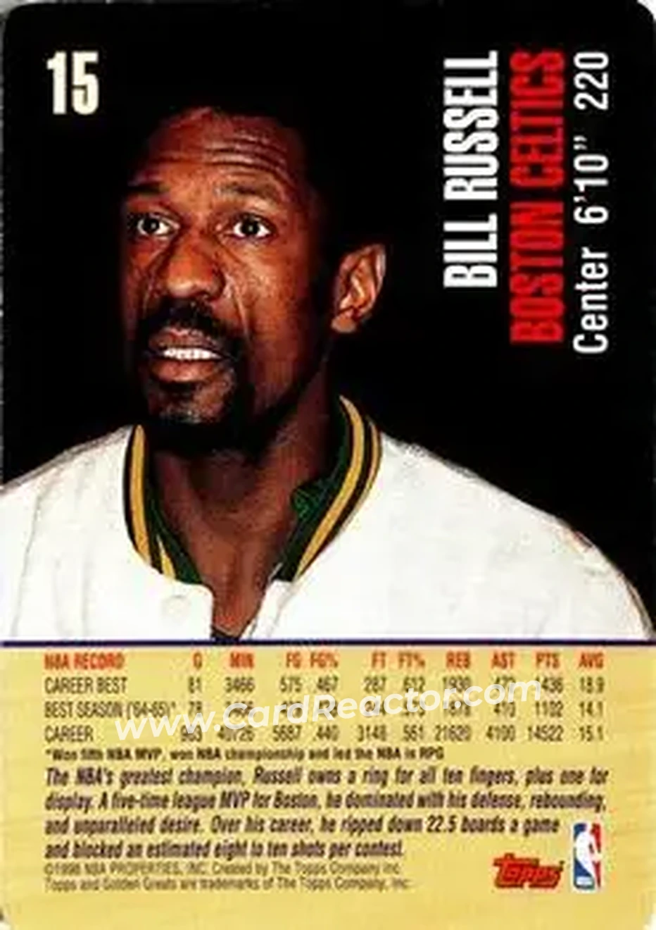 1998 Topps Golden Greats #15 - Bill Russell - Boston Celtics - Back