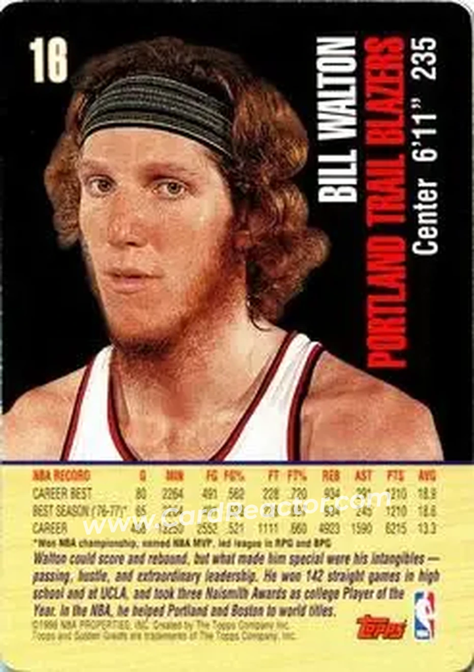 1998 Topps Golden Greats #16 - Bill Walton - Portland Trail Blazers - Back