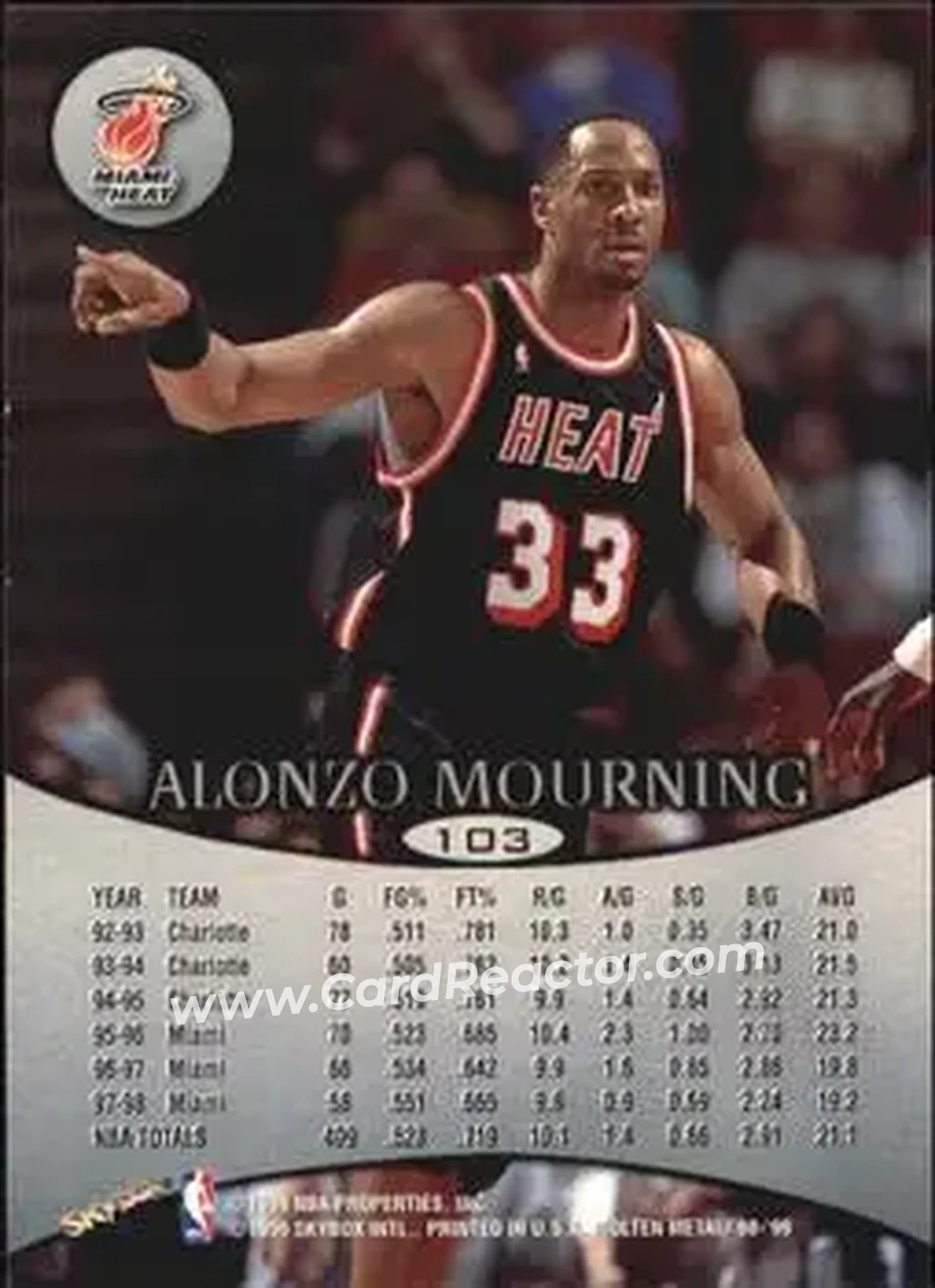 1998-99 SkyBox Molten Metal #103 - Alonzo Mourning - Miami Heat - Back