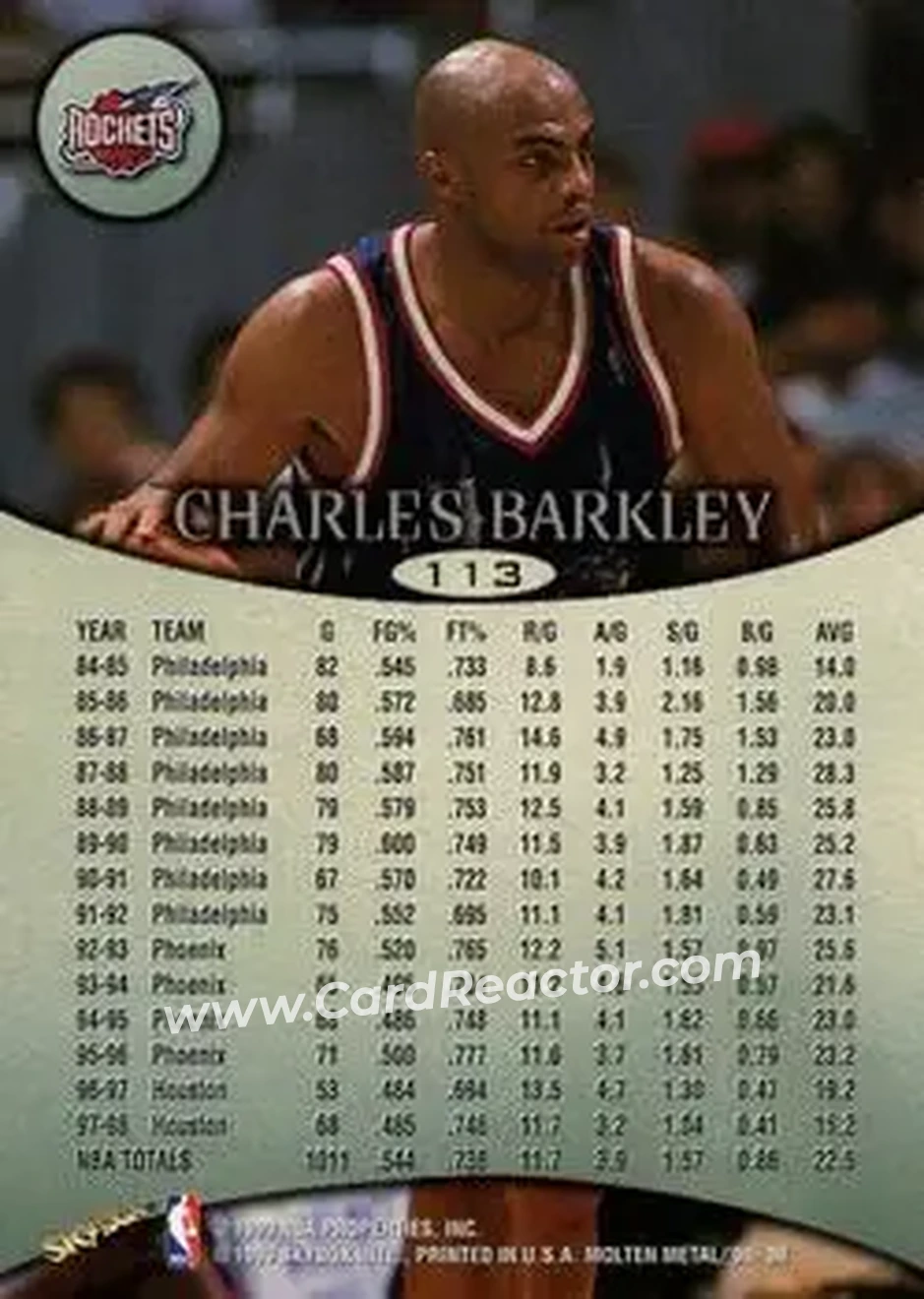 1998-99 SkyBox Molten Metal #113 - Charles Barkley - Houston Rockets - Back