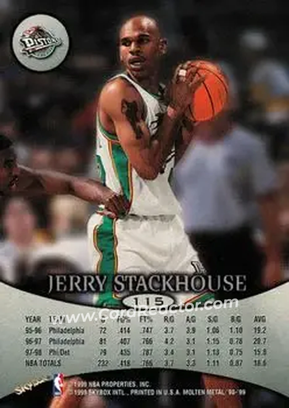 1998-99 SkyBox Molten Metal #115 - Jerry Stackhouse - Detroit Pistons - Back 1998-99 SkyBox Molten Metal #115 - Jerry Stackhouse - Detroit Pistons - Back