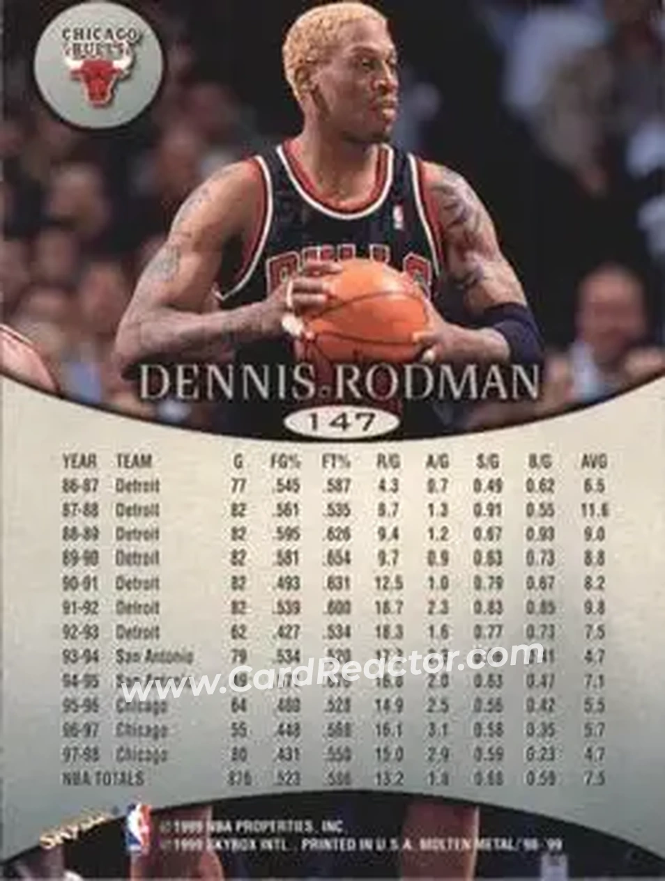 1998-99 SkyBox Molten Metal #147 - Dennis Rodman - Chicago Bulls - Back