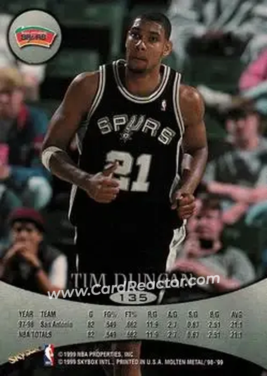 1998-99 SkyBox Molten Metal #135 - Tim Duncan - San Antonio Spurs - Back