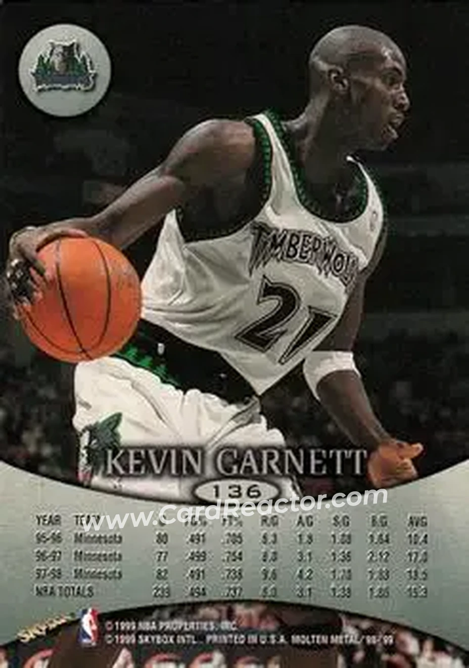 1998-99 SkyBox Molten Metal #136 - Kevin Garnett - Minnesota Timberwolves - Back