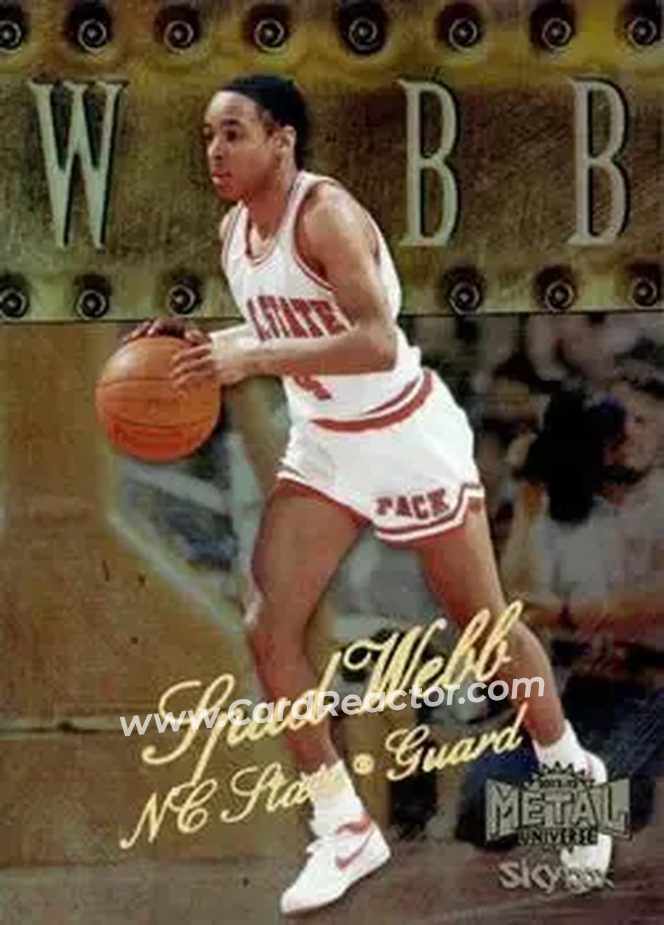 2012-13 Fleer Retro - 98-99 Metal Universe Precious Metal Gems #98PM-10 - Spud Webb - NC State Wolfpack - Front 2012-13 Fleer Retro - 98-99 Metal Universe Precious Metal Gems #98PM-10 - Spud Webb - NC State Wolfpack - Front