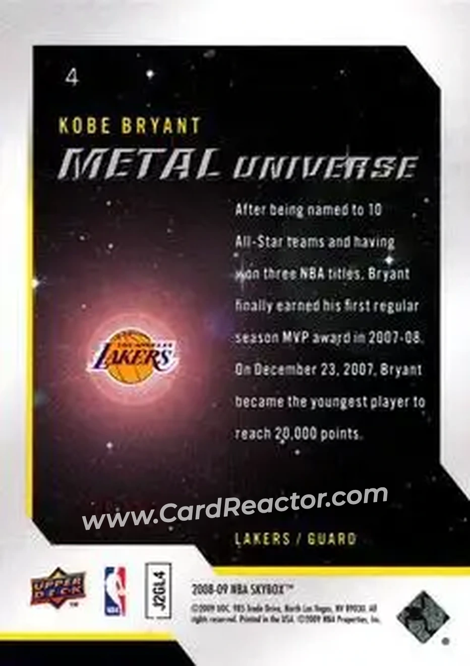 2008-09 SkyBox - Metal Universe Precious Metal Gems (Red) #4 - Kobe Bryant - Los Angeles Lakers - Back 2008-09 SkyBox - Metal Universe Precious Metal Gems (Red) #4 - Kobe Bryant - Los Angeles Lakers - Back