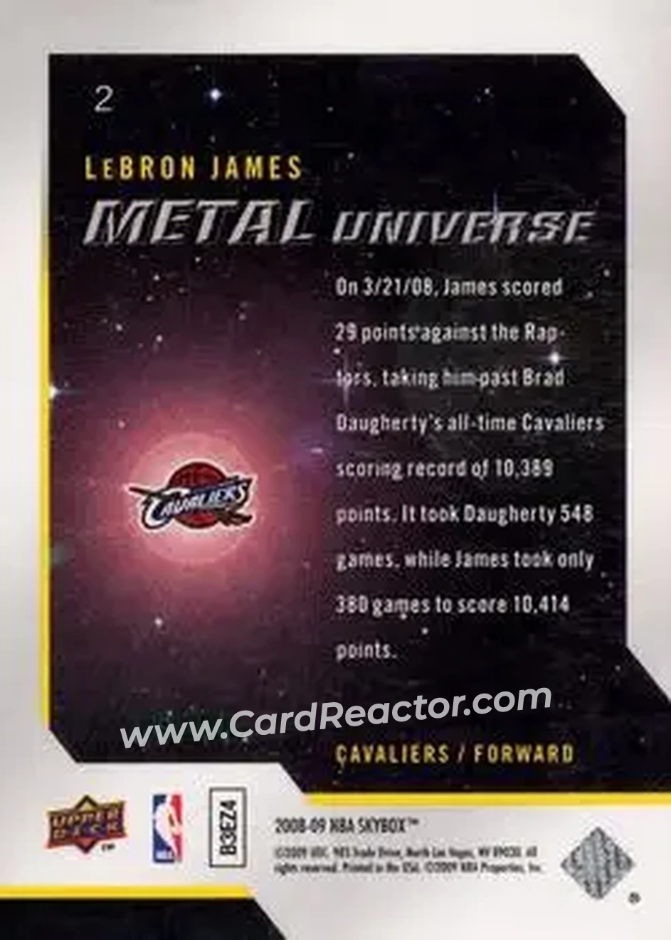 2008-09 SkyBox - Metal Universe Precious Metal Gems (Green) #2 - LeBron James - Cleveland Cavaliers - Back