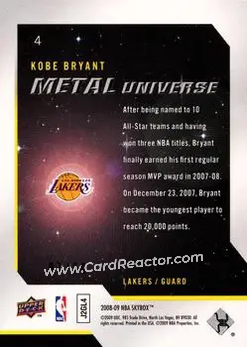 2008-09 SkyBox - Metal Universe Precious Metal Gems (Green) #4 - Kobe Bryant - Los Angeles Lakers - Back