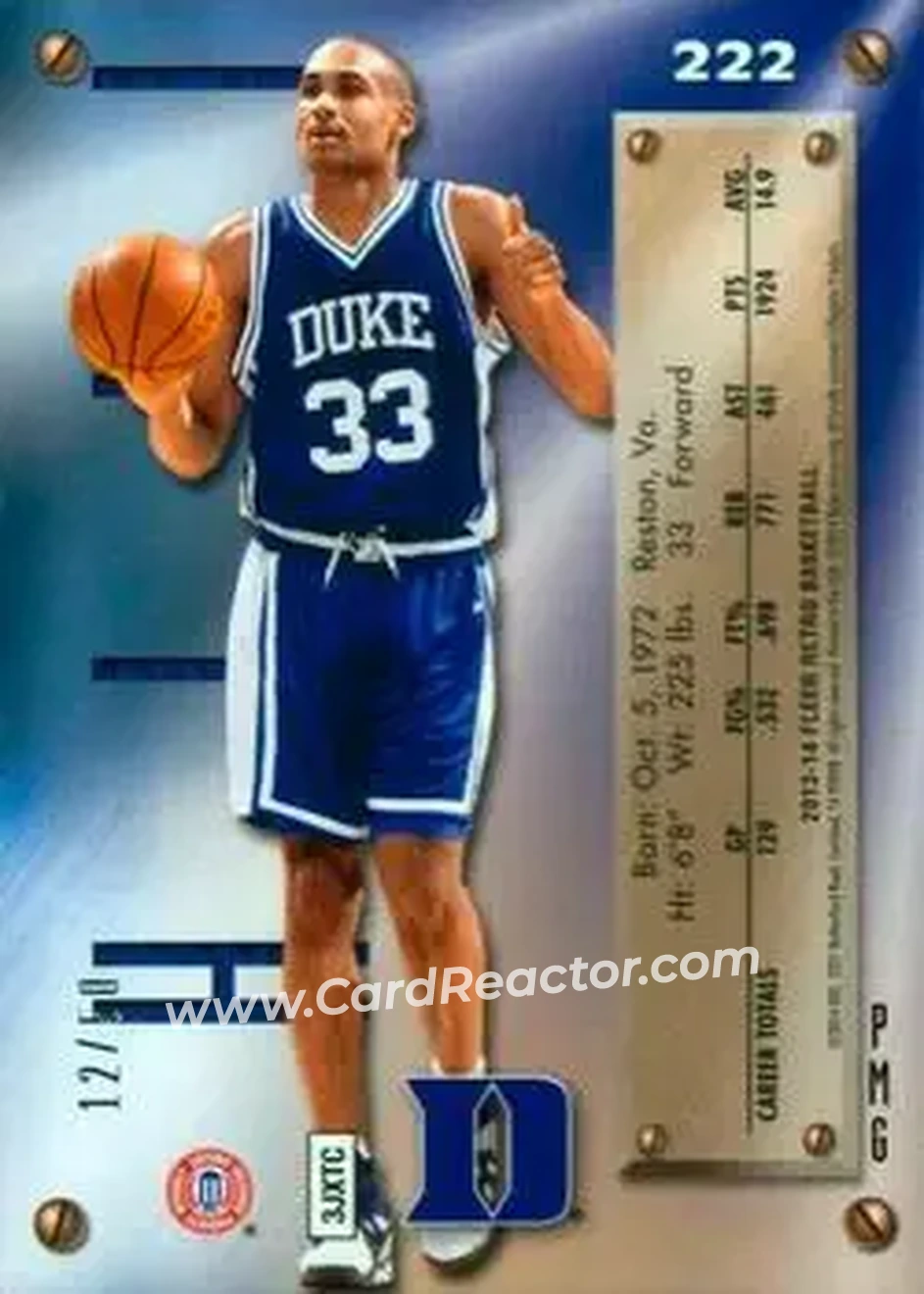 2013-14 Fleer Retro - '95-96 Metal Universe Precious Metal Gems Blue #222 - Grant Hill - Duke Blue Devils - Back 2013-14 Fleer Retro - '95-96 Metal Universe Precious Metal Gems Blue #222 - Grant Hill - Duke Blue Devils - Back