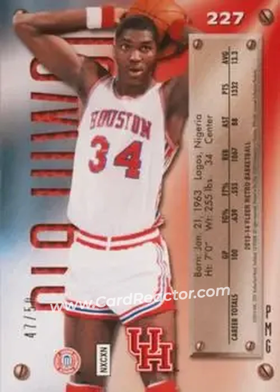 2013-14 Fleer Retro - '95-96 Metal Universe Precious Metal Gems Blue #227 - Hakeem Olajuwon - Houston Cougars - Back 2013-14 Fleer Retro - '95-96 Metal Universe Precious Metal Gems Blue #227 - Hakeem Olajuwon - Houston Cougars - Back