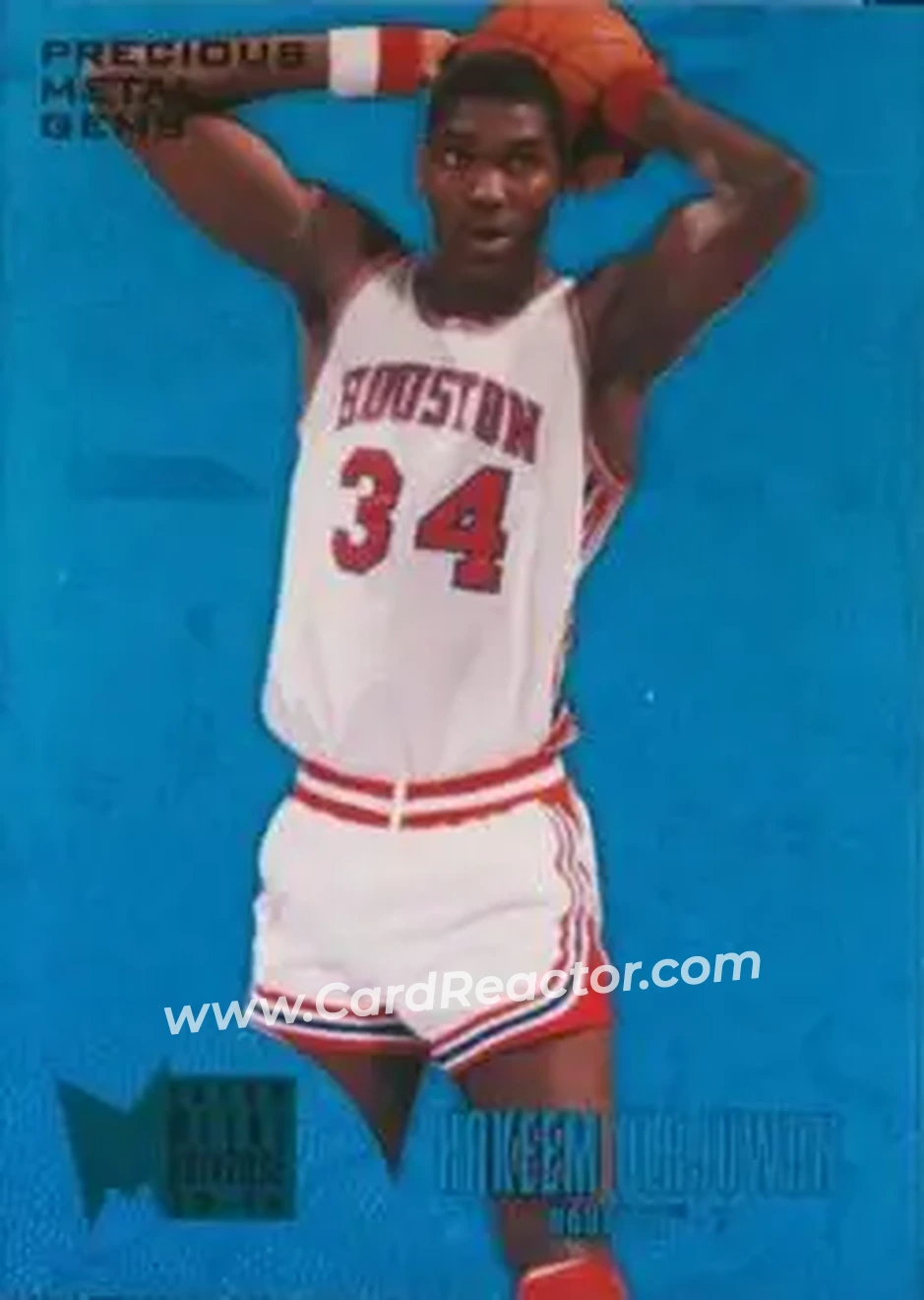 2013-14 Fleer Retro - '95-96 Metal Universe Precious Metal Gems Blue #227 - Hakeem Olajuwon - Houston Cougars - Front 2013-14 Fleer Retro - '95-96 Metal Universe Precious Metal Gems Blue #227 - Hakeem Olajuwon - Houston Cougars - Front