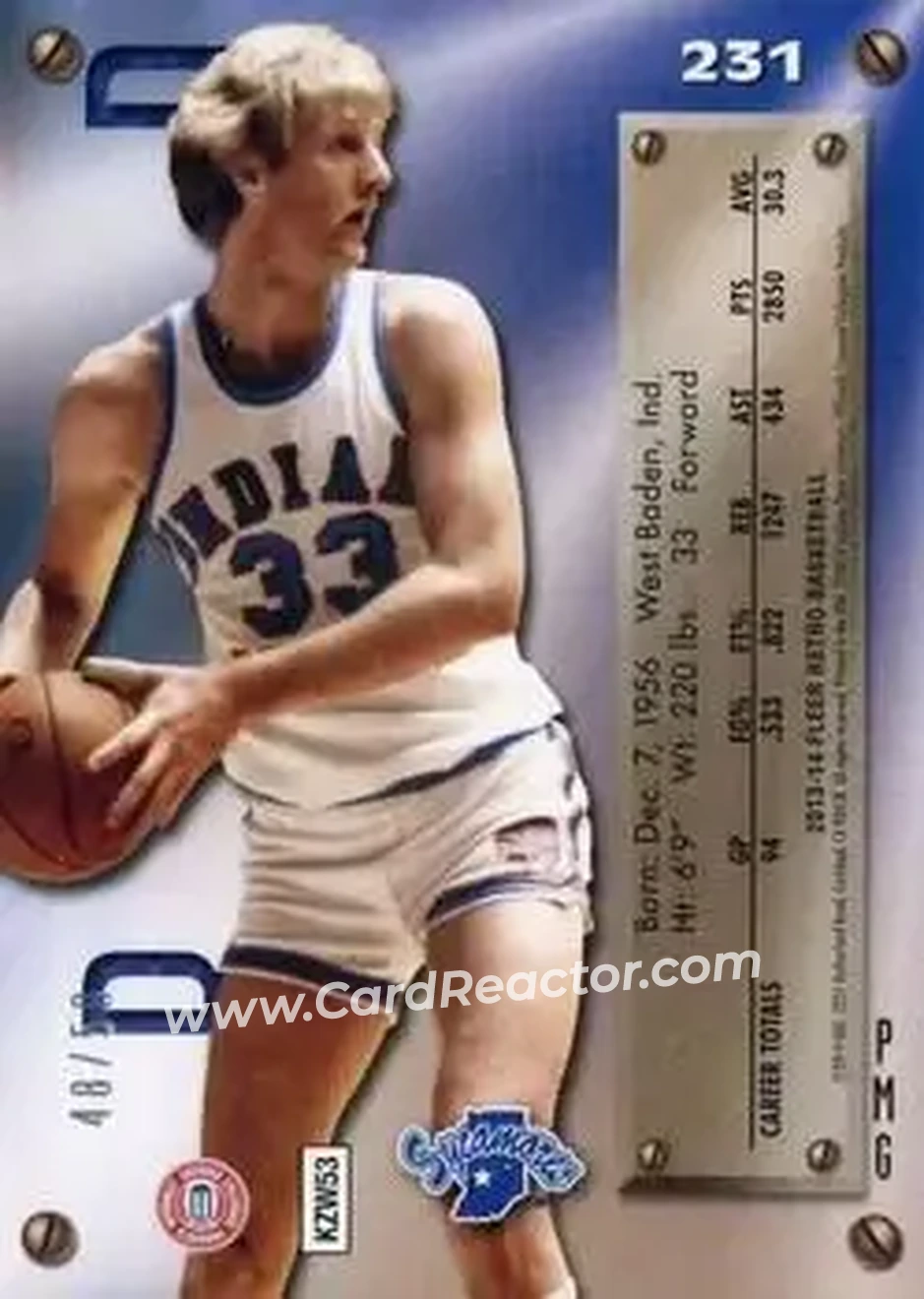 2013-14 Fleer Retro - '95-96 Metal Universe Precious Metal Gems Blue #231 - Larry Bird - Indiana State Sycamores - Back 2013-14 Fleer Retro - '95-96 Metal Universe Precious Metal Gems Blue #231 - Larry Bird - Indiana State Sycamores - Back