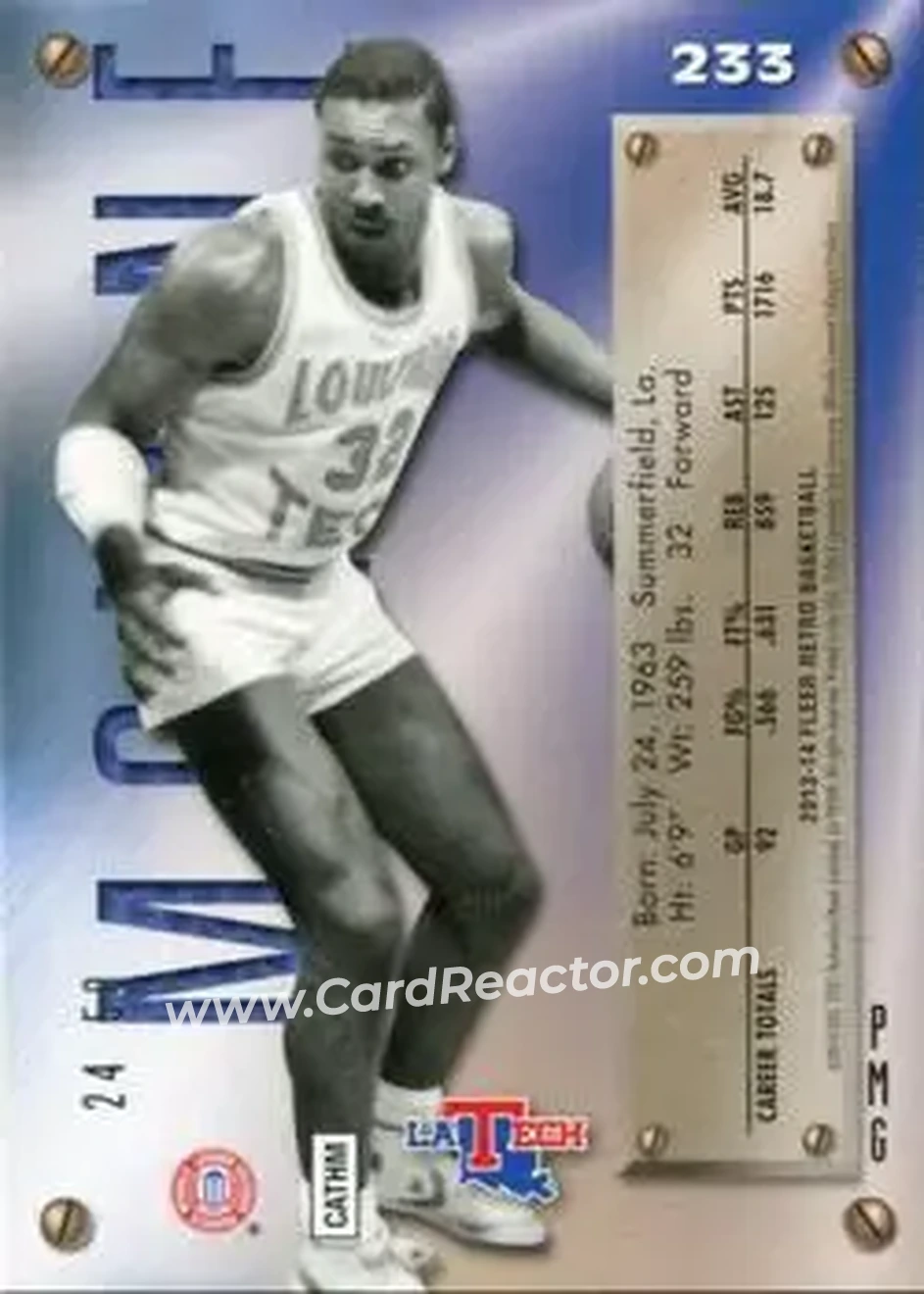 2013-14 Fleer Retro - '95-96 Metal Universe Precious Metal Gems Blue #233 - Karl Malone - Louisiana Tech Bulldogs - Back 2013-14 Fleer Retro - '95-96 Metal Universe Precious Metal Gems Blue #233 - Karl Malone - Louisiana Tech Bulldogs - Back