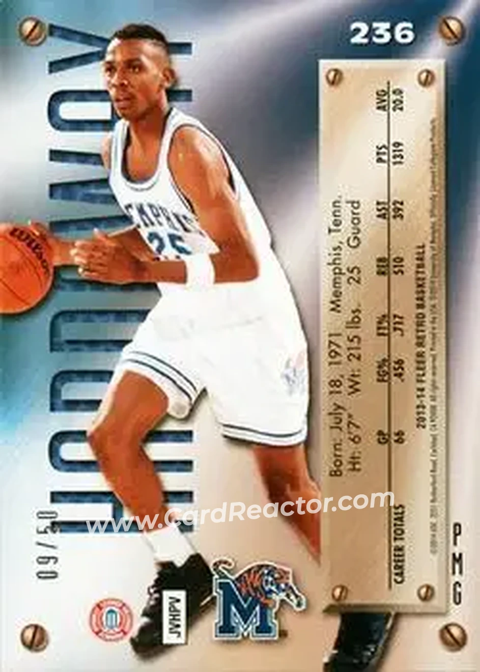 2013-14 Fleer Retro - '95-96 Metal Universe Precious Metal Gems Blue #236 - Anfernee Hardaway - Memphis Tigers - Back 2013-14 Fleer Retro - '95-96 Metal Universe Precious Metal Gems Blue #236 - Anfernee Hardaway - Memphis Tigers - Back