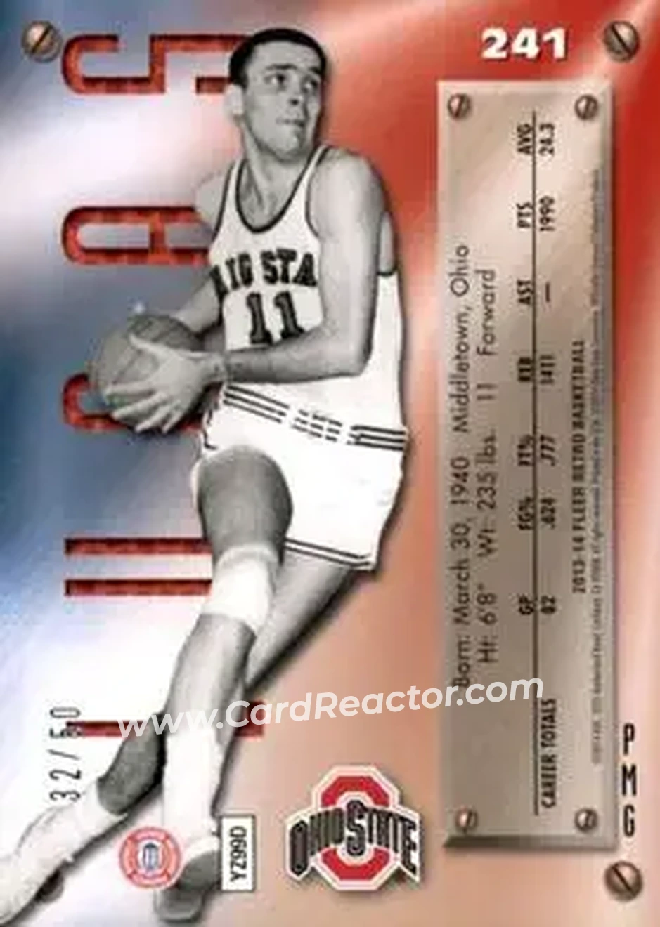 2013-14 Fleer Retro - '95-96 Metal Universe Precious Metal Gems Blue #241 - Jerry Lucas - Ohio State Buckeyes - Back 2013-14 Fleer Retro - '95-96 Metal Universe Precious Metal Gems Blue #241 - Jerry Lucas - Ohio State Buckeyes - Back