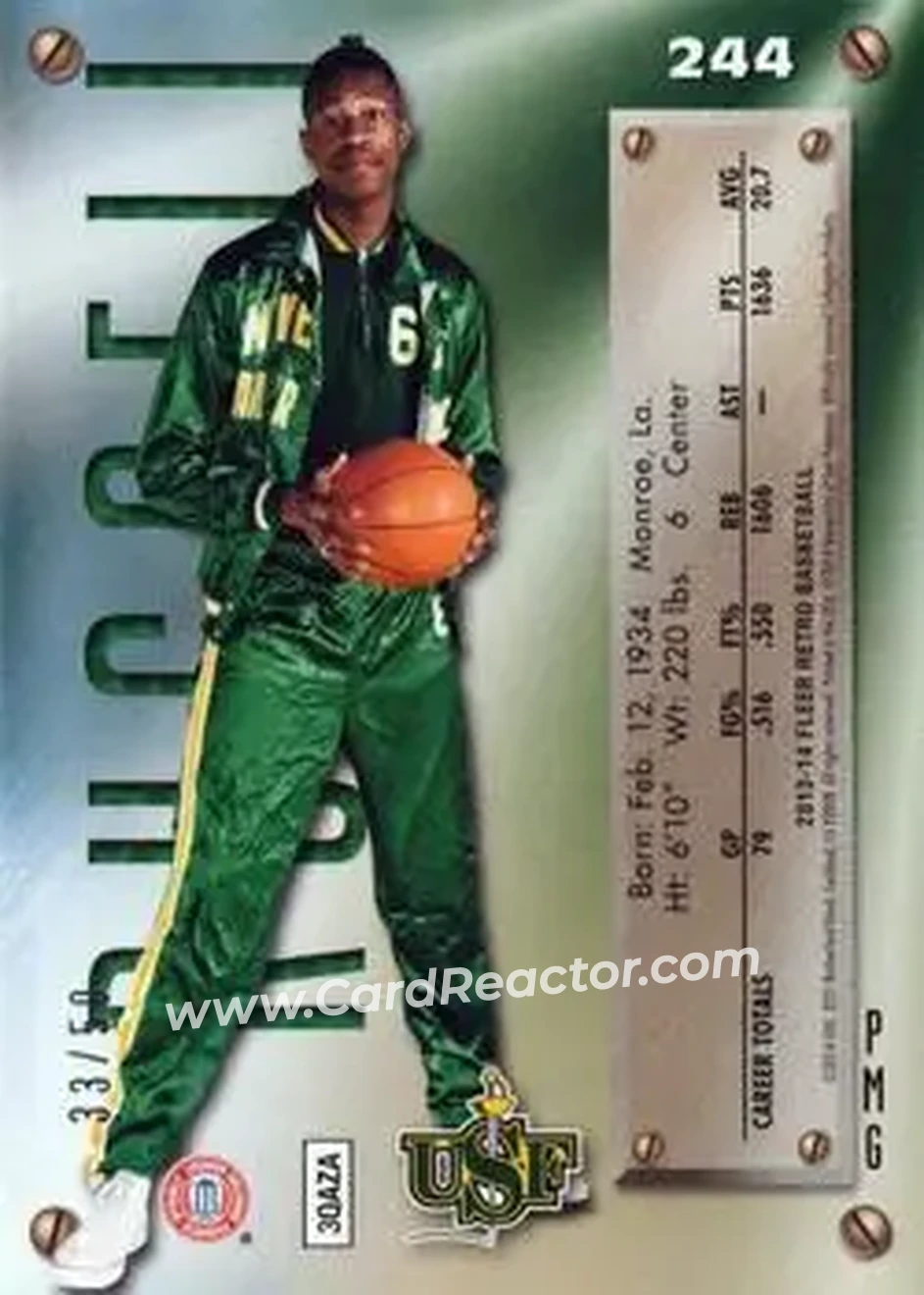 2013-14 Fleer Retro - '95-96 Metal Universe Precious Metal Gems Blue #244 - Bill Russell - San Francisco Dons - Back