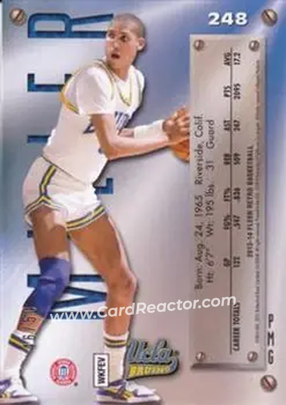 2013-14 Fleer Retro - '95-96 Metal Universe Precious Metal Gems Blue #248 - Reggie Miller - UCLA Bruins - Back 2013-14 Fleer Retro - '95-96 Metal Universe Precious Metal Gems Blue #248 - Reggie Miller - UCLA Bruins - Back