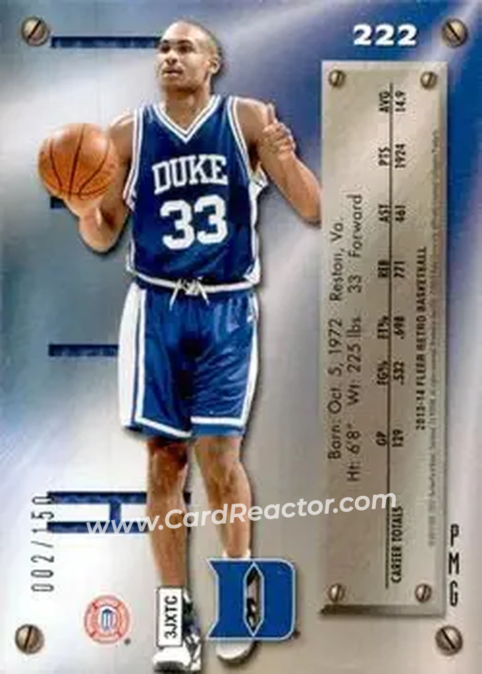 2013-14 Fleer Retro - '95-96 Metal Universe Precious Metal Gems Red #222 - Grant Hill - Duke Blue Devils - Back