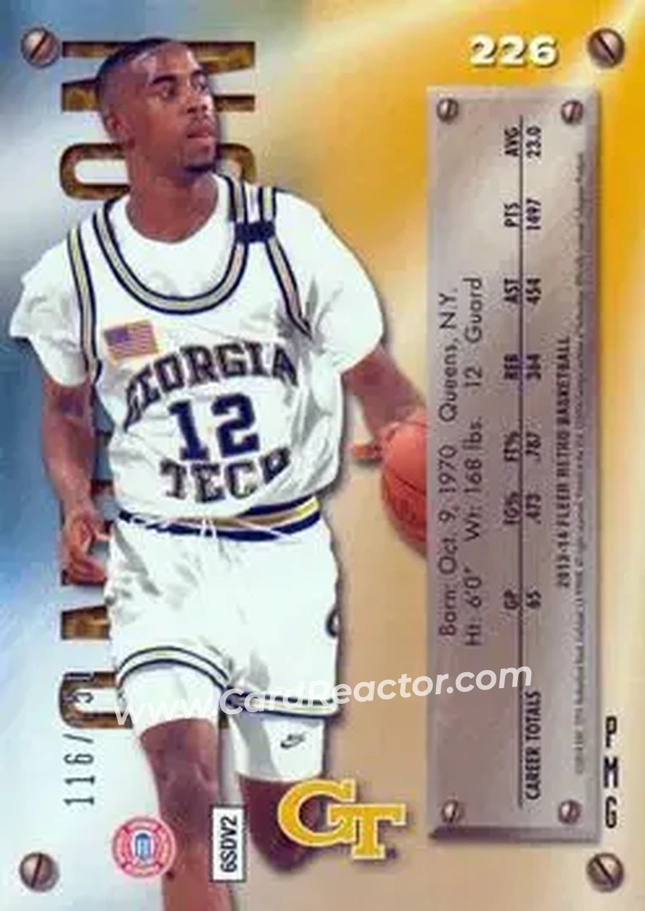 2013-14 Fleer Retro - '95-96 Metal Universe Precious Metal Gems Red #226 - Kenny Anderson - Georgia Tech Yellow Jackets - Back