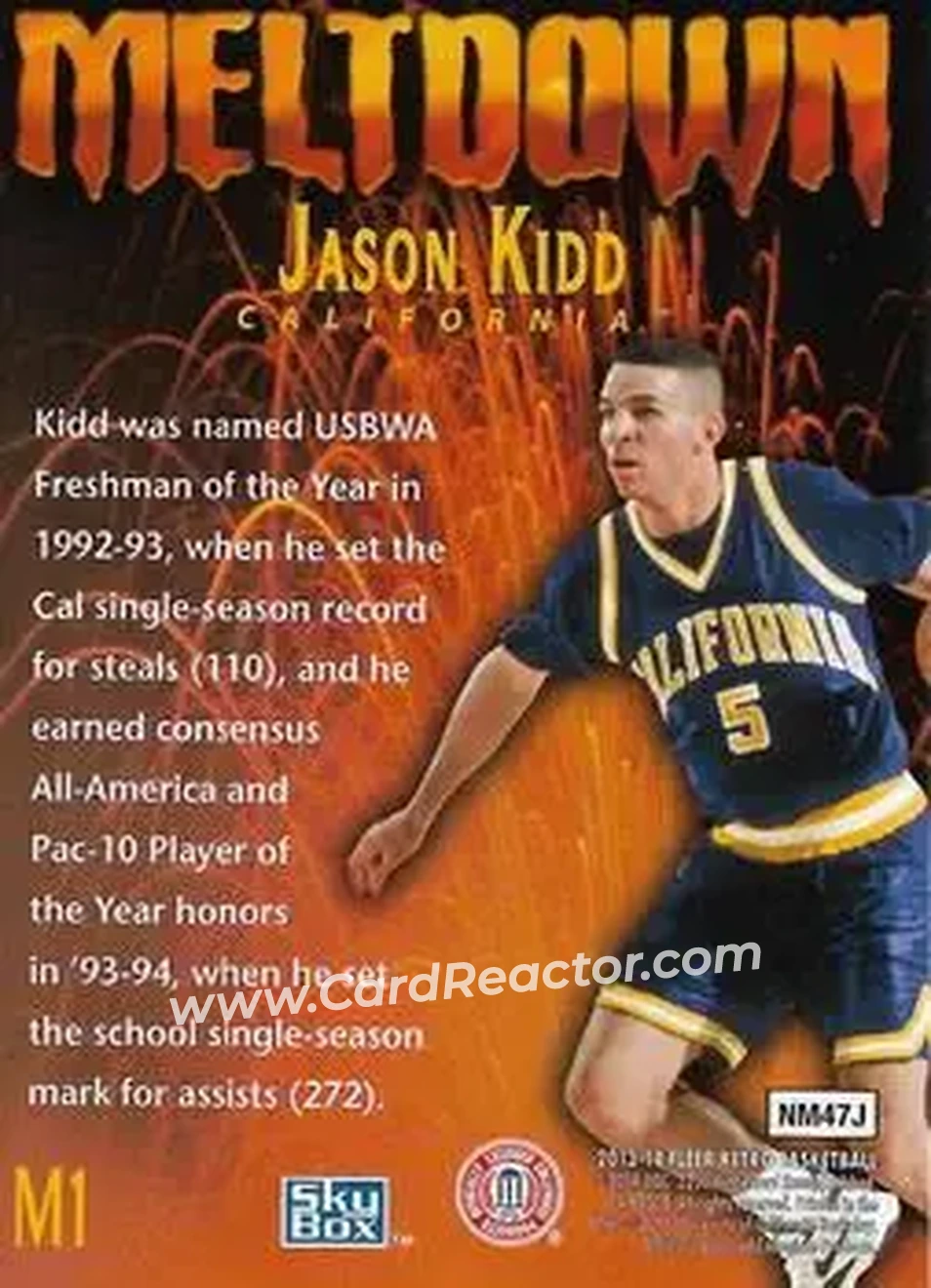 2013-14 Fleer Retro - '95-96 SkyBox Premium Meltdown #M1 - Jason Kidd - California Golden Bears - Back