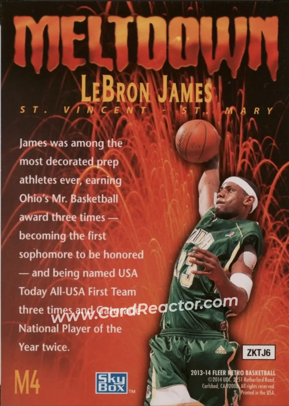 2013-14 Fleer Retro - '95-96 SkyBox Premium Meltdown #M4 - LeBron James - St. Vincent-St. Mary Fighting Irish - Back