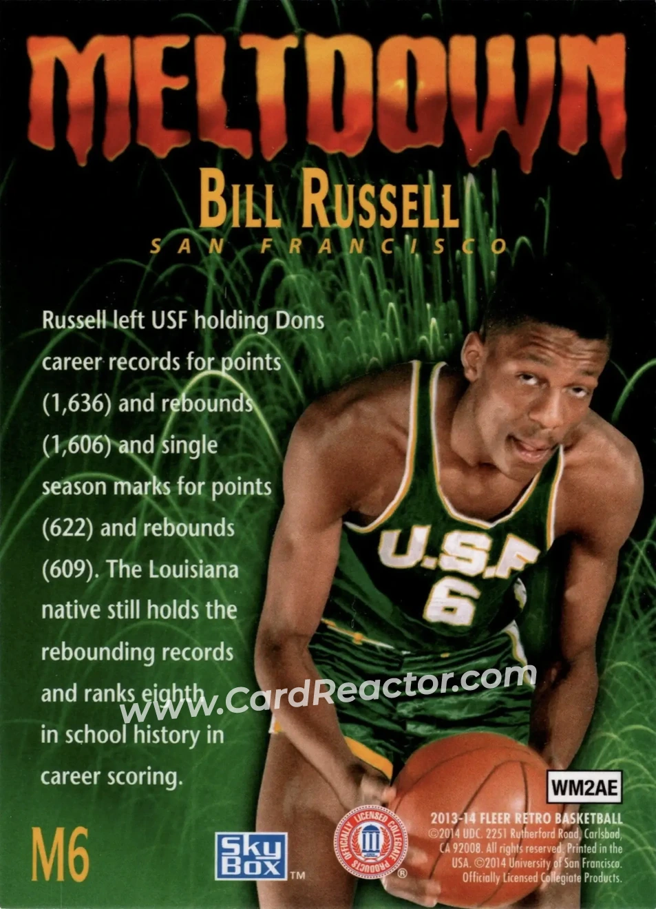2013-14 Fleer Retro - '95-96 SkyBox Premium Meltdown #M6 - Bill Russell - San Francisco Dons - Back