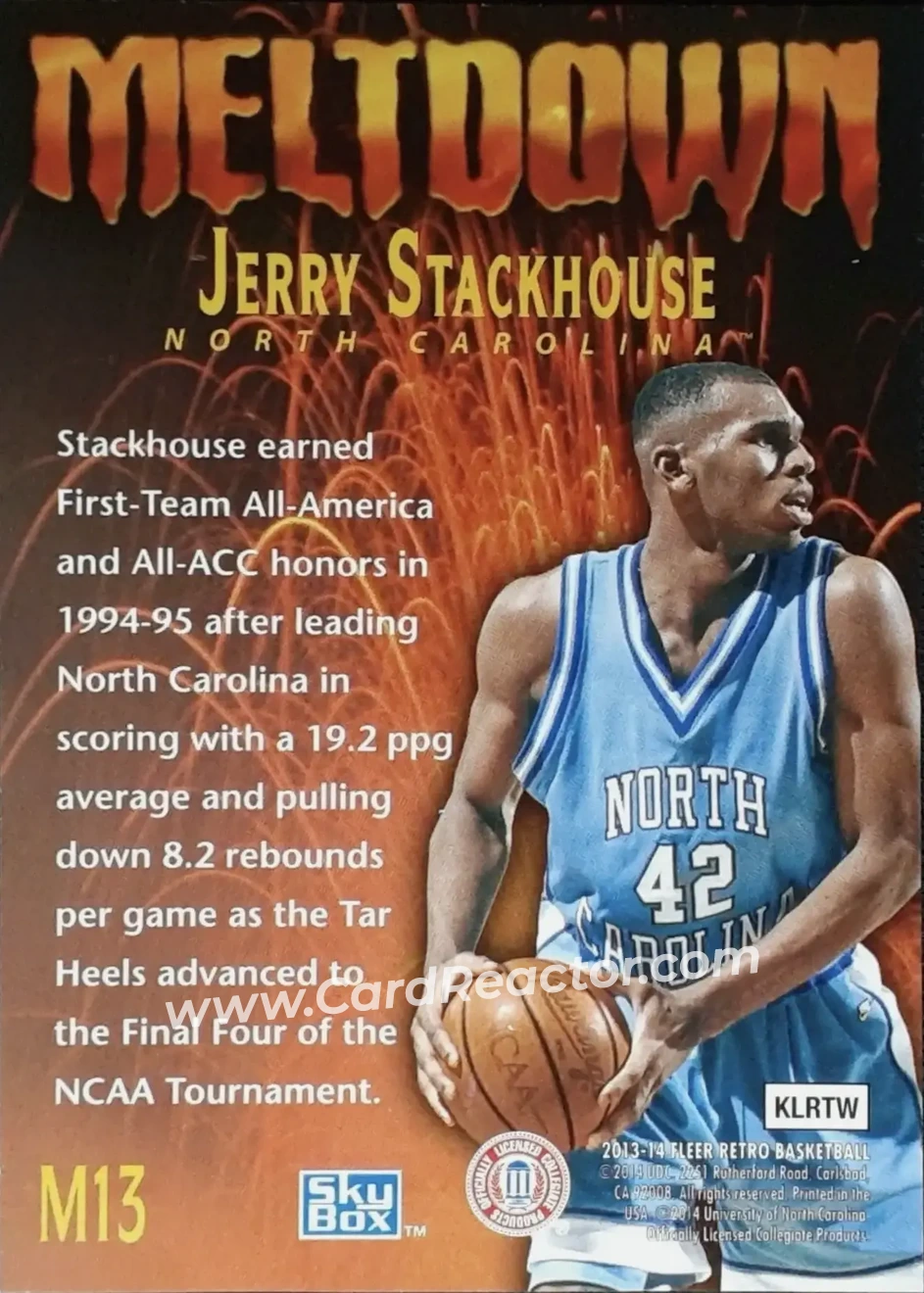 2013-14 Fleer Retro - '95-96 SkyBox Premium Meltdown #M13 - Jerry Stackhouse - North Carolina Tar Heels - Back
