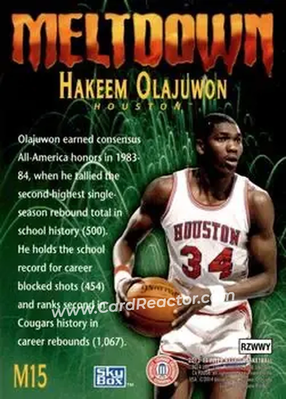 2013-14 Fleer Retro - '95-96 SkyBox Premium Meltdown #M15 - Hakeem Olajuwon - Houston Cougars - Back
