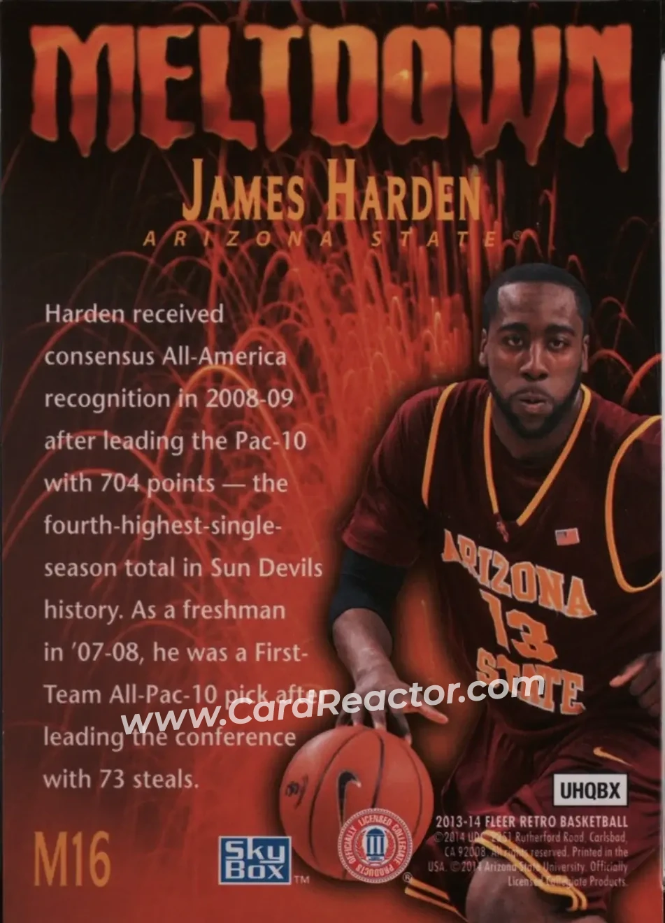 2013-14 Fleer Retro - '95-96 SkyBox Premium Meltdown #M16 - James Harden - Arizona State Sun Devils - Back