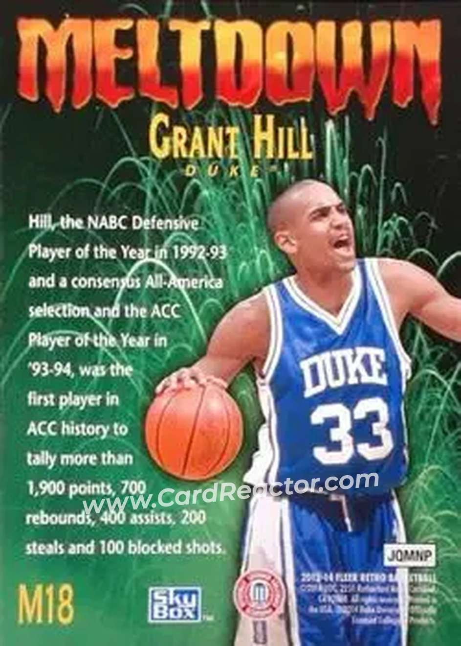 2013-14 Fleer Retro - '95-96 SkyBox Premium Meltdown #M18 - Grant Hill - Duke Blue Devils - Back