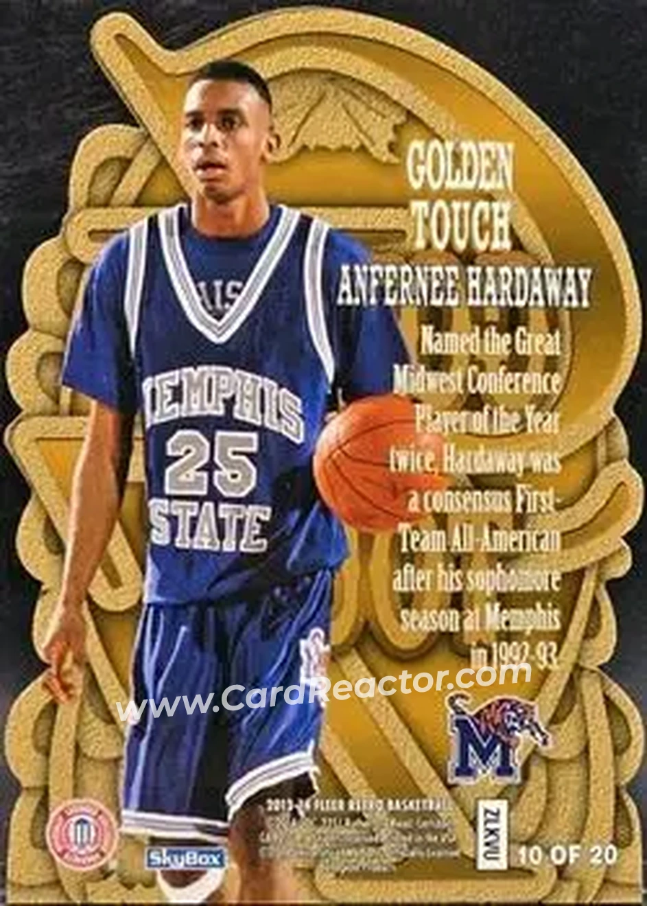 2013-14 Fleer Retro - '96-97 SkyBox Premium Golden Touch #10 - Anfernee Hardaway - Memphis Tigers - Back 2013-14 Fleer Retro - '96-97 SkyBox Premium Golden Touch #10 - Anfernee Hardaway - Memphis Tigers - Back