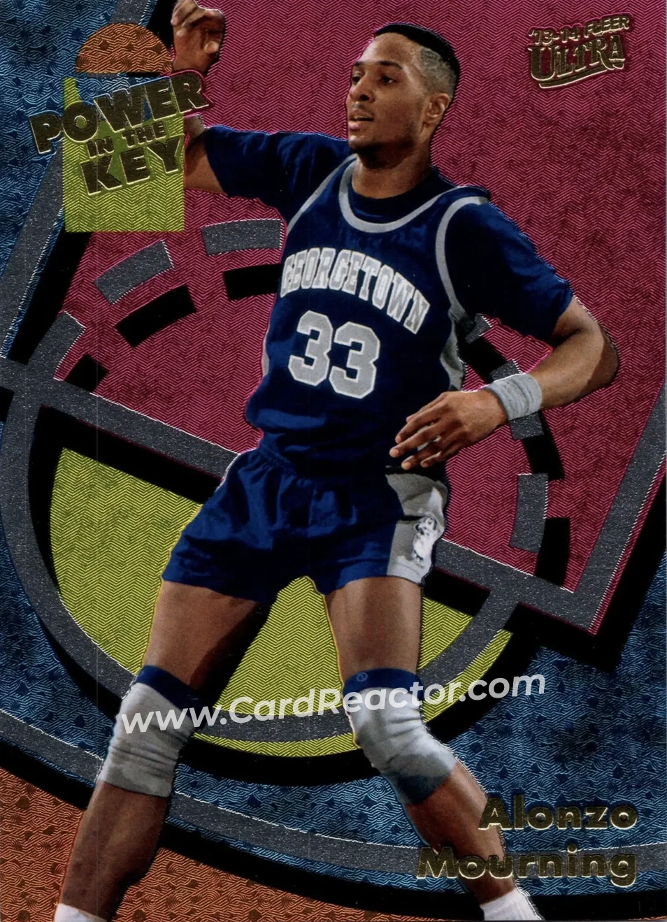 2013-14 Fleer Retro - '93-94 Ultra Power in the Key #1 - Alonzo Mourning - Georgetown Hoyas - Front 2013-14 Fleer Retro - '93-94 Ultra Power in the Key #1 - Alonzo Mourning - Georgetown Hoyas - Front