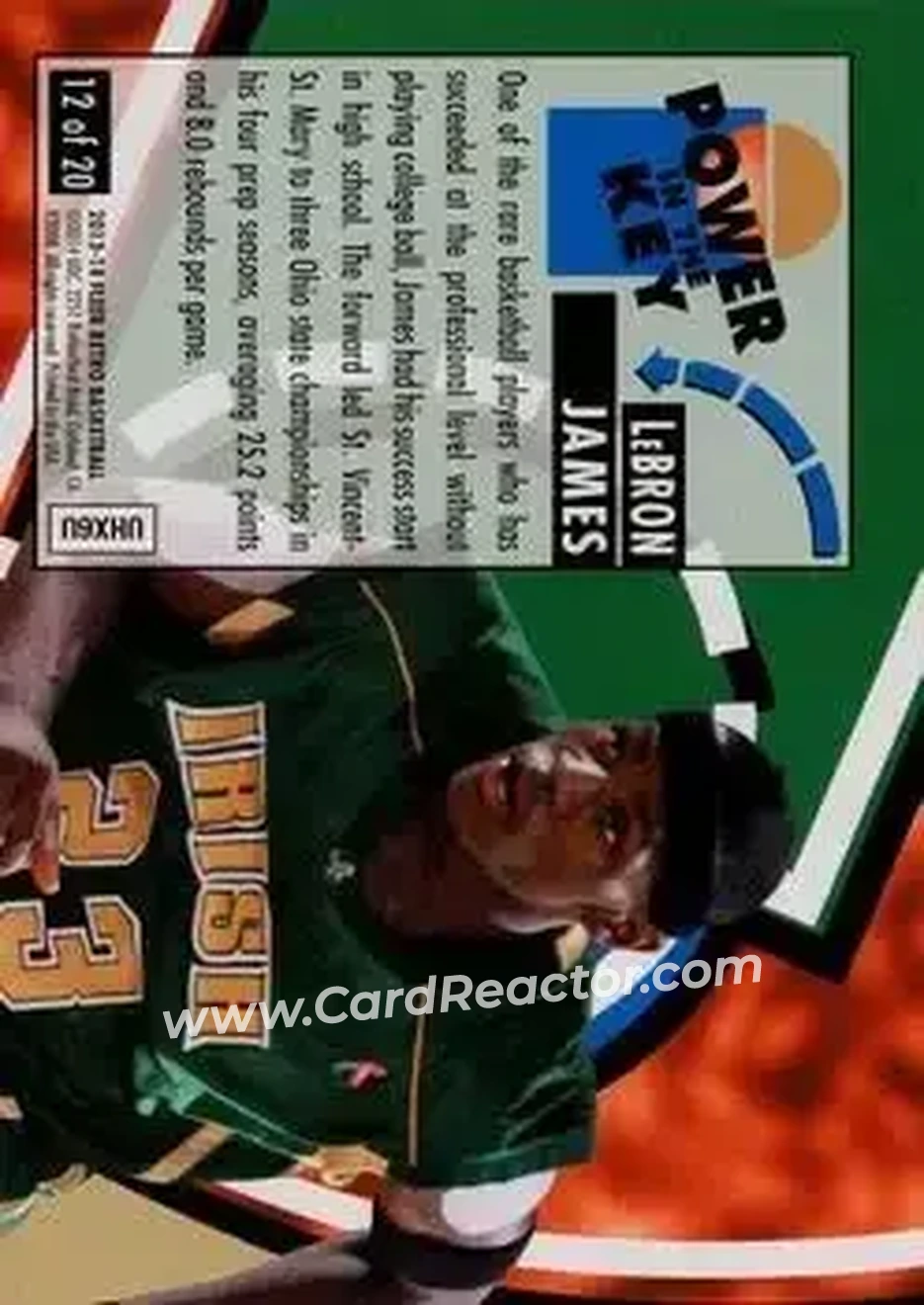 2013-14 Fleer Retro - '93-94 Ultra Power in the Key #12 - LeBron James - St. Vincent-St. Mary Fighting Irish - Back 2013-14 Fleer Retro - '93-94 Ultra Power in the Key #12 - LeBron James - St. Vincent-St. Mary Fighting Irish - Back