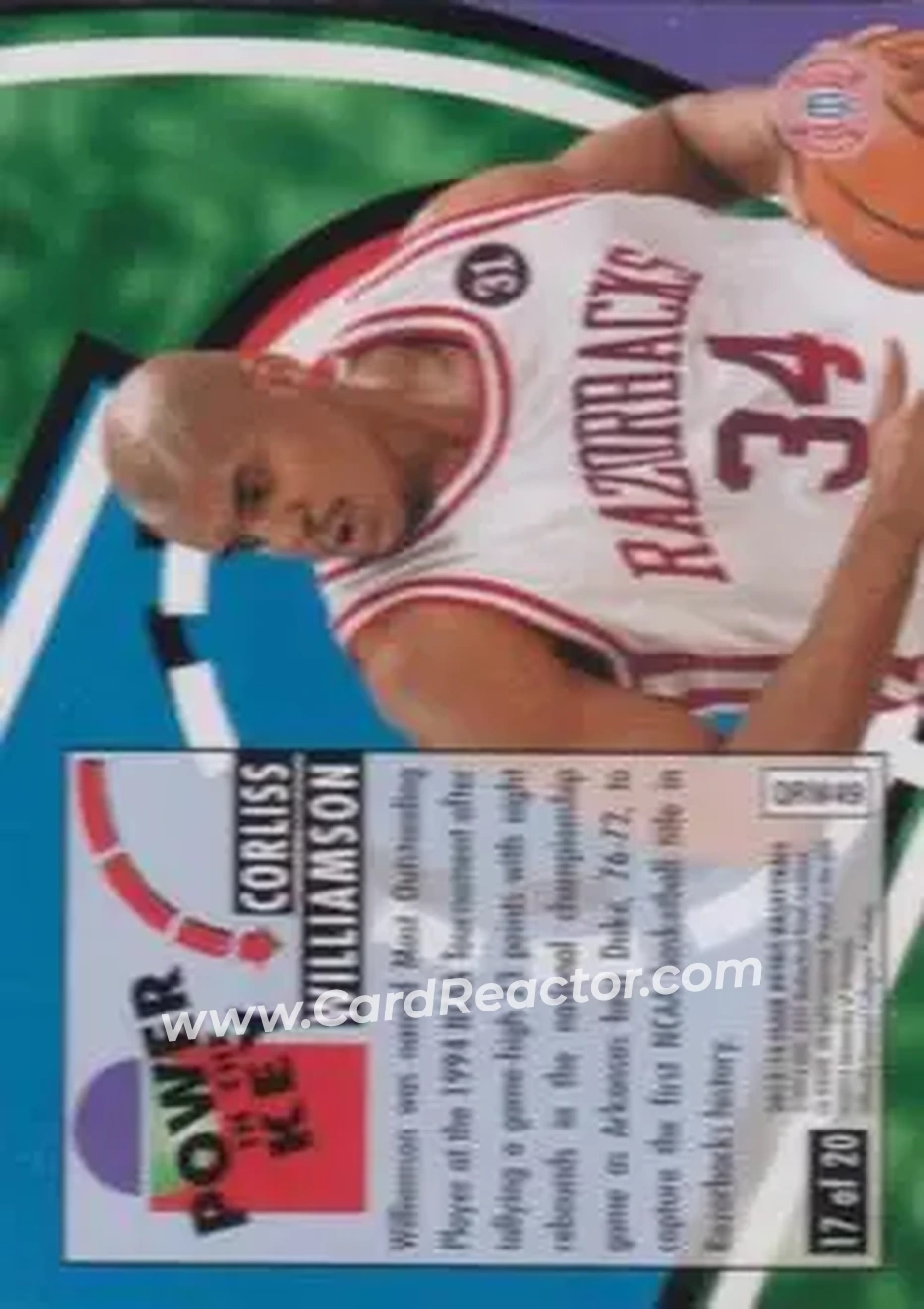 2013-14 Fleer Retro - '93-94 Ultra Power in the Key #17 - Corliss Williamson - Arkansas Razorbacks - Back 2013-14 Fleer Retro - '93-94 Ultra Power in the Key #17 - Corliss Williamson - Arkansas Razorbacks - Back
