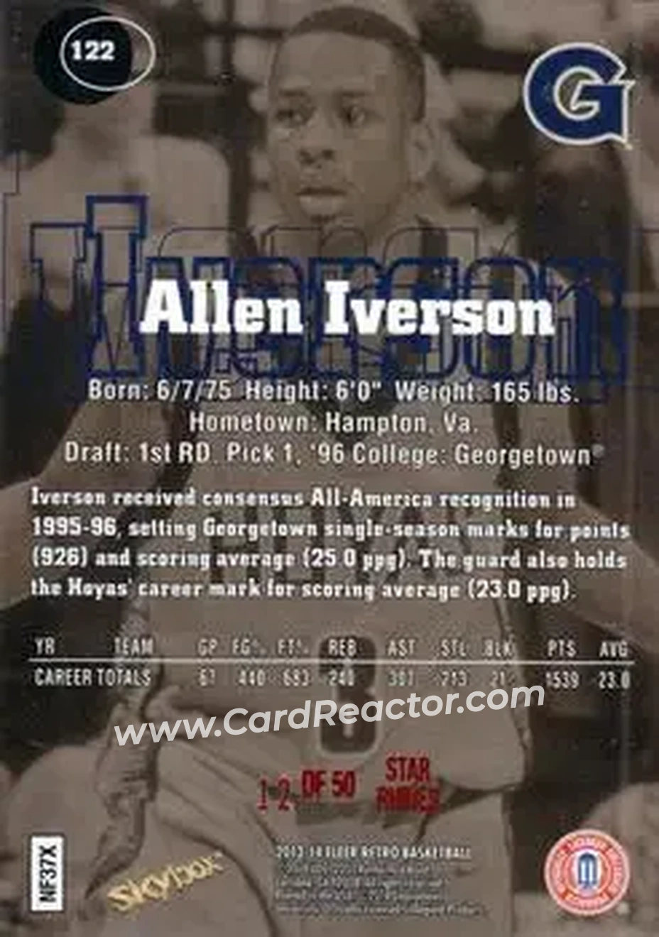 2013-14 Fleer Retro - '97-98 SkyBox Premium Rubies #122 - Allen Iverson - Georgetown Hoyas - Back