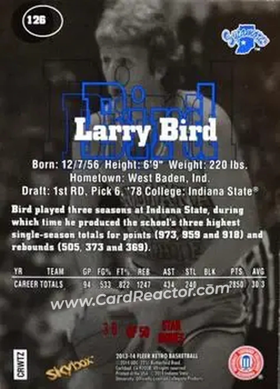 2013-14 Fleer Retro - '97-98 SkyBox Premium Rubies #126 - Larry Bird - Indiana State Sycamores - Back
