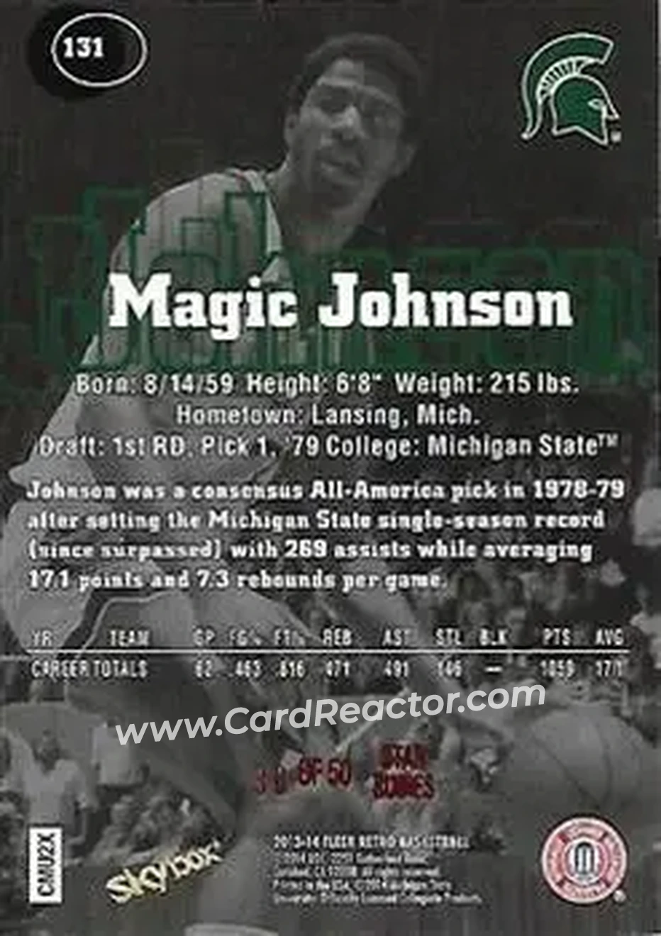 2013-14 Fleer Retro - '97-98 SkyBox Premium Rubies #131 - Magic Johnson - Michigan State Spartans - Back