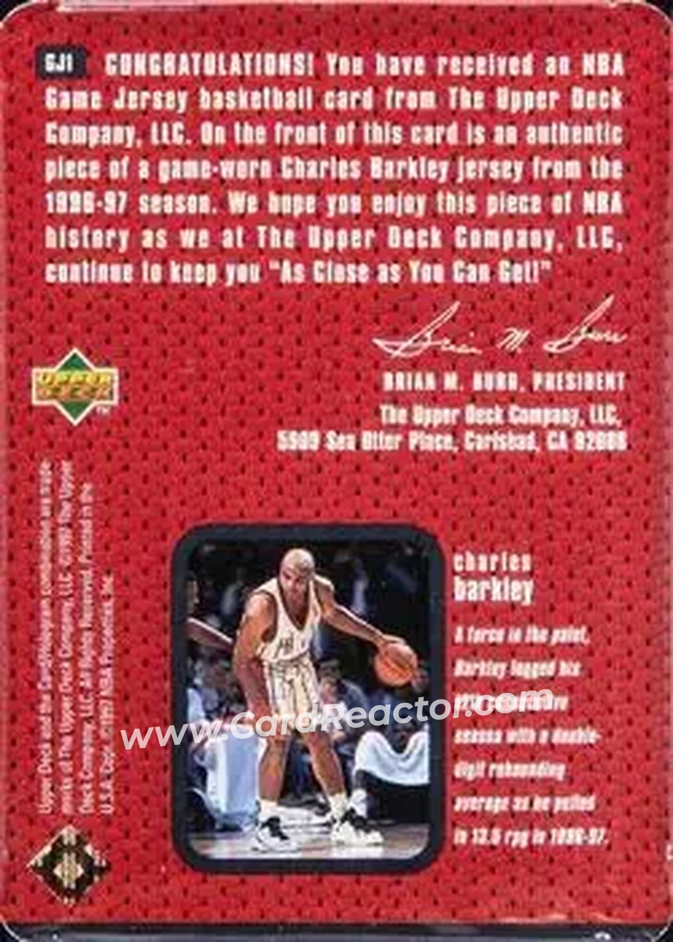 1997-98 Upper Deck - Game Jerseys #GJ1 - Charles Barkley - Houston Rockets - Back 1997-98 Upper Deck - Game Jerseys #GJ1 - Charles Barkley - Houston Rockets - Back